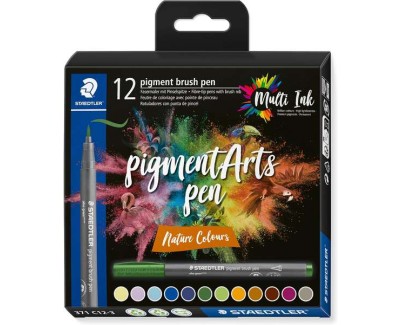Staedtler 371 Pack de 12 Rotuladores Punta de Pincel Suave - Colores Vivos y Brillantes - No Amarillea con el Paso del Tiempo - Nueva Tinta Multi Ink - Pigmentos de Primera Calidad - Colores Nature Surtidos