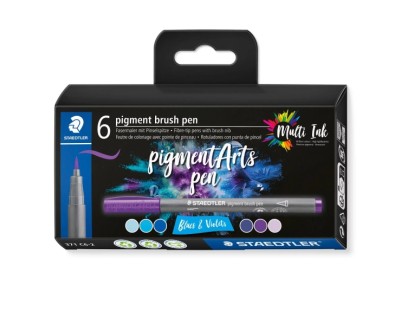 Staedtler 371 Pack de 6 Rotuladores Punta de Pincel Suave - Colores Vivos y Brillantes - No Amarillea con el Paso del Tiempo - Nueva Tinta Multi Ink - Pigmentos de Primera Calidad - Colores Azules/Violetas Surtidos