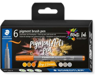 Staedtler 371 Pack de 6 Rotuladores Punta de Pincel Suave - Colores Vivos y Brillantes - No Amarillea con el Paso del Tiempo - Nueva Tinta Multi Ink - Pigmentos de Primera Calidad - Colores Grises/Caramelo Surtidos