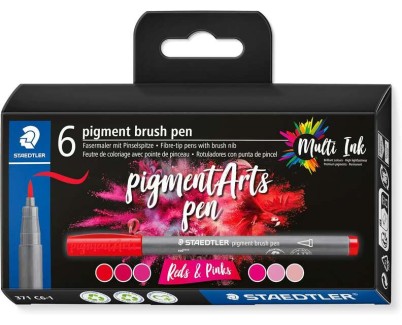 Staedtler 371 Pack de 6 Rotuladores Punta de Pincel Suave - Colores Vivos y Brillantes - No Amarillea con el Paso del Tiempo - Nueva Tinta Multi Ink - Pigmentos de Primera Calidad - Colores Rojos/Rosas Surtidos