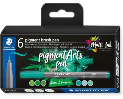 Staedtler 371 Pack de 6 Rotuladores Punta de Pincel Suave - Colores Vivos y Brillantes - No Amarillea con el Paso del Tiempo - Nueva Tinta Multi Ink - Pigmentos de Primera Calidad - Colores Verdes/Turquesas Surtidos
