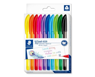 Staedtler Ball 4320 M Pack con 10 Boligrafos Punta de Bola 1mm - Escritura Suave - Cuerpo Triangular - Colores Surtidos