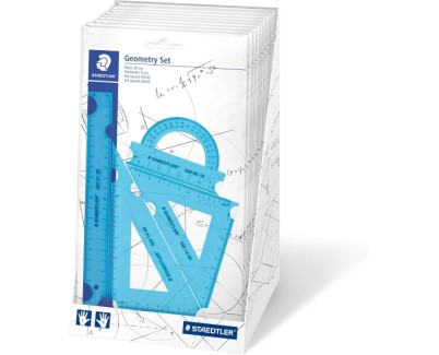 Staedtler Expositor con 18 Packs de Reglas - El Pack incluye Regla Recta 20cm, Transportador, Escuadra 60/30 Grados y Cartabon 45 Grados - Colores Neon Surtidos