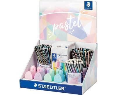 Staedtler Expositor con 182 Piezas Surtidas - Modelos Lapices Noris 118, Lapices Noris 119, Portaminas Graphite 777, Estuches 146 C, Gomas 525 PS1, Afilalapices 512 PS2