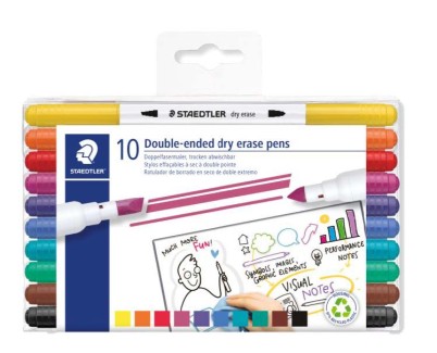 Staedtler Lumocolor 3010 Pack de 10 Marcadores para Pizarra Blanca - Doble Punta Biselada y Conica - Tinta Base de Agua - Colores Surtidos