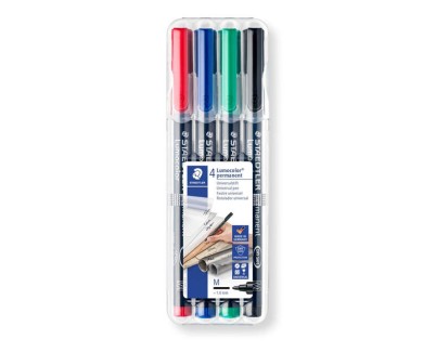 Staedtler Lumocolor 317 Pack de 4 Rotuladores Permanentes - Punta Media Redonda - Trazo 1mm Aprox - Capuchon con Clip - Secado Rapido - Colores Surtidos