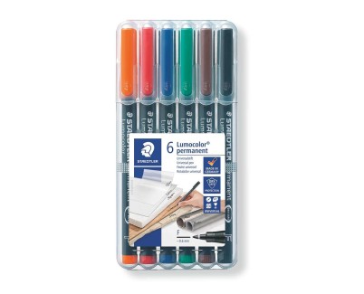 Staedtler Lumocolor 318 Pack de 6 Rotuladores Permanentes - Punta Fina Redonda - Trazo 0.6mm - Capuchon con Clip - Secado Rapido - Colores Surtidos