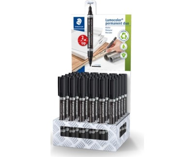 Staedtler Lumocolor 348 Expositor con 30 Rotuladores Permanentes de Doble Punta - Secado Rapido - Color Negro