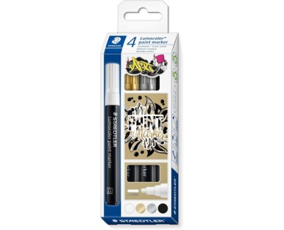 Staedtler Lumocolor 349 Pack con 4 Marcadores Acrilicos Permanentes - Trazo 2.4 mm aprox. - Tinta Base de Agua - Colores Surtidos
