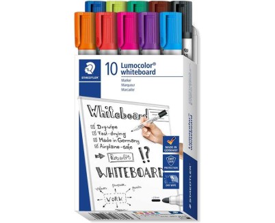 Staedtler Lumocolor 351 Pack de 10 Marcadores para Pizarra Blanca - Punta 2mm Aprox - Secado Rapido - Colores Surtidos