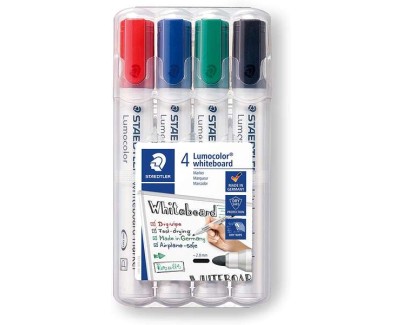 Staedtler Lumocolor 351 Pack de 4 Marcadores para Pizarra Blanca - Secado Rapido - Colores Surtidos