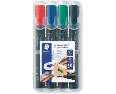 Staedtler Lumocolor 352 Pack de 4 Marcadores Permanentes - Secado Rapido - Practico Estuche de Sobremesa - Colores Rojo, Azul, Verde y Negro