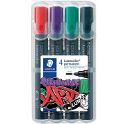 Staedtler Lumocolor 352 Pack de 4 Marcadores Permanentes - Secado Rapido - Practico Estuche de Sobremesa - Colores Rojo, Morado, Verde y Negro