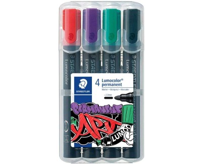 Staedtler Lumocolor 352 Pack de 4 Marcadores Permanentes - Secado Rapido - Practico Estuche de Sobremesa - Colores Rojo, Morado, Verde y Negro