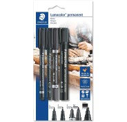 Staedtler Lumocolor Permanent Pack con 4 Rotuladores Permanentes - Diferentes Puntas - Resistente al Agua - Recargables - Color Negro