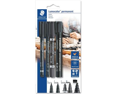 Staedtler Lumocolor Permanent Pack con 4 Rotuladores Permanentes - Diferentes Puntas - Resistente al Agua - Recargables - Color Negro