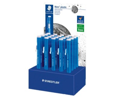 Staedtler Mars Plastic 528 50 Expositor con 20 Portagomas en Forma de Lapiz - Con Cursor para Deslizar la Goma - Sin Ftalatos ni Latex