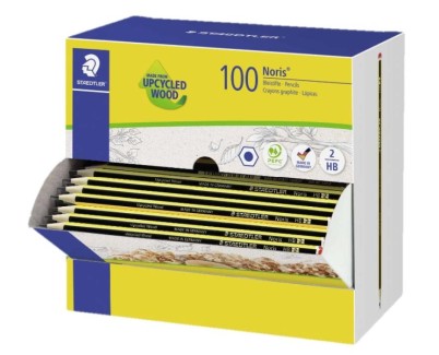 Staedtler Noris 120-2 Expositor con 100 Lapices de Grafito Hexagonal HB - Mina Ultrarresistente de 2mm - Madera de Bosques Sostenibles
