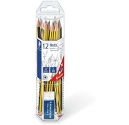 Staedtler Noris 120 Pack de 12 Lapices de Grafito Hexagonales + Goma de Borrar - Mina HB Ultrarresistente de 2mm - Madera de Bosques Sostenibles