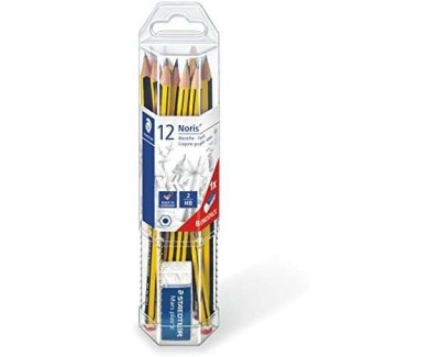 Staedtler Noris 120 Pack de 12 Lapices de Grafito Hexagonales + Goma de Borrar - Mina HB Ultrarresistente de 2mm - Madera de Bosques Sostenibles