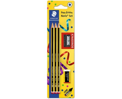 Staedtler Noris 120 Pack de 3 Lapices de Grafito Hexagonales + Goma de Borrar + Sacapuntas - Mina HB Ultrarresistente de 2mm - Madera de Bosques Sostenibles