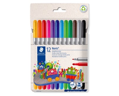Staedtler Noris 320 Pack de 12 Rotuladores - Doble Punta de Fibra - Trazos 1 y 3mm - Tapa Ventilada - Colores surtidos