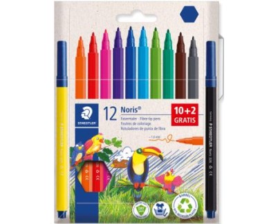 Staedtler Noris 326 Pack de 12 Rotulador de Punta Fina - Trazo 1mm - Tina Base de Agua - Tapa Ventilada - Colores surtidos