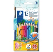 Staedtler Noris Aquarell Pack de 12 Lapices Hexagonales de Colores + Pincel - Refuerzo de Mina para Mayor Resistencia a la Rotura - Madera de Bosques Sostenibles - Colores Surtidos