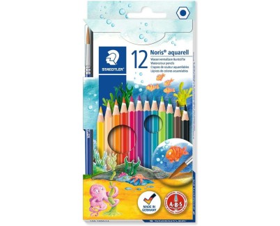 Staedtler Noris Aquarell Pack de 12 Lapices Hexagonales de Colores + Pincel - Refuerzo de Mina para Mayor Resistencia a la Rotura - Madera de Bosques Sostenibles - Colores Surtidos