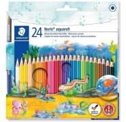 Staedtler Noris Aquarell Pack de 24 Lapices Hexagonales de Colores + Pincel - Refuerzo de Mina para Mayor Resistencia a la Rotura - Madera de Bosques Sostenibles - Colores Surtidos
