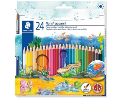 Staedtler Noris Aquarell Pack de 24 Lapices Hexagonales de Colores + Pincel - Refuerzo de Mina para Mayor Resistencia a la Rotura - Madera de Bosques Sostenibles - Colores Surtidos