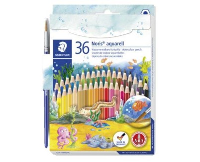Staedtler Noris Aquarell Pack de 36 Lapices Hexagonales de Colores + Pincel - Refuerzo de Mina para Mayor Resistencia a la Rotura - Madera de Bosques Sostenibles - Colores Surtidos