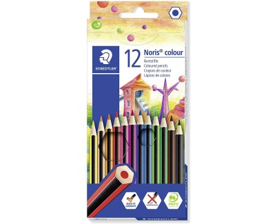 Staedtler Noris Colour 185 Pack de 12 Lapices Hexagonales de Colores - Fabricados en Wopex - Muy Resistentes - Madera de Fuentes Sostenibles - Colores Surtidos