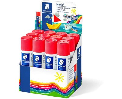 Staedtler Noris Expositor de 12 Barras de Pegamento 20gr - Sin Disolventes - Uso Escolar - Pega Papel, Cartulina, Tejido etc