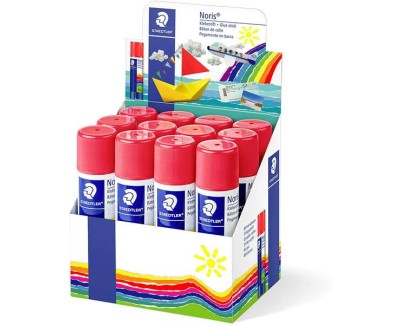 Staedtler Noris Expositor de 12 Barras de Pegamento 40gr - Sin Disolventes - Uso Escolar - Pega Papel, Cartulina, Tejido etc