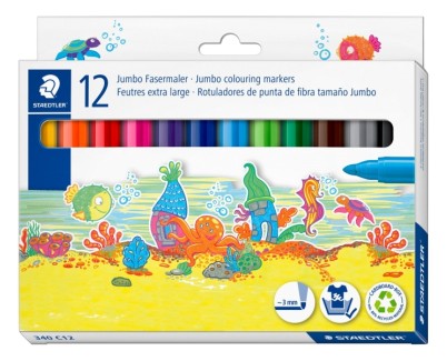 Staedtler Noris Jumbo 340 Pack de 12 Rotuladores Jumbo - Punta de Fibra - Trazo 3mm - Lavable Facilmente - Tinta Base de Agua - Tapa Ventilada - Colores Surtidos