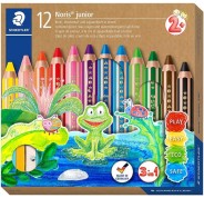 Staedtler Noris Junior Pack de 12 Lapices de Colores Extragruesos + Sacapuntas - 3 en 1, Lapiz, Cera y Acuarelable - Colores Surtidos