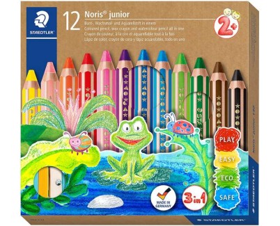 Staedtler Noris Junior Pack de 12 Lapices de Colores Extragruesos + Sacapuntas - 3 en 1, Lapiz, Cera y Acuarelable - Colores Surtidos