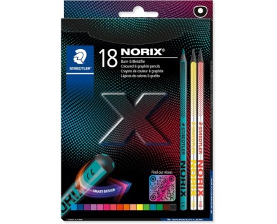 Staedtler Norix 186 Pack de 16 Lapices de Colores HB + 2 Lapices de Grafito - Madera Negra - Mina de Grafito - Dise&ntilde;o Inteligente - Para Escribir, Dibujar y hacer Bocetos