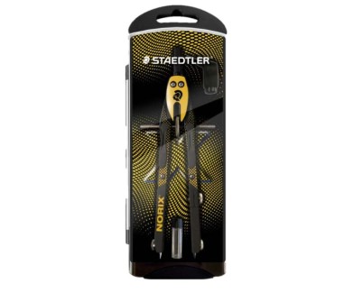 Staedtler Norix 555 Compas Metalico Escolar de Precision - Mecanismo Pulsador y Ajuste por Rueda Central - Color Amarillo/Negro