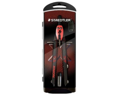 Staedtler Norix 555 Compas Metalico Escolar de Precision - Mecanismo Pulsador y Ajuste por Rueda Central - Color Rojo/Negro