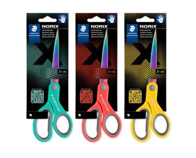 Staedtler Norix 965 Tijeras Escolares 21cm - Hojas de Acero Inoxidable con Apariencia de Titanio - Uso Diestro - Agarre Ergonomico - Colores Surtidos