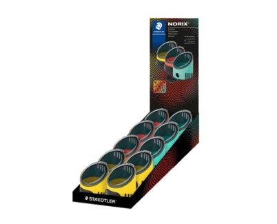 Staedtler Norix Expositor de 10 Sacapuntas con Deposito - 1 Agujero para Lapices de hasta &Oslash; 8,2mm - Colores Surtidos