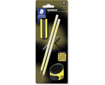 Staedtler Norix Pack de 2 Lapices de Grafito HB + Borrador + Sacapuntas - Madera Negra - Dise&ntilde;o Inteligente