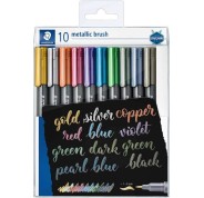 Staedtler Pack de 10 Rotuladores Permanentes - Punta Pincel - Trazo 1-6mm Aprox - Capuchon con Clip - Colores Metalicos Surtidos