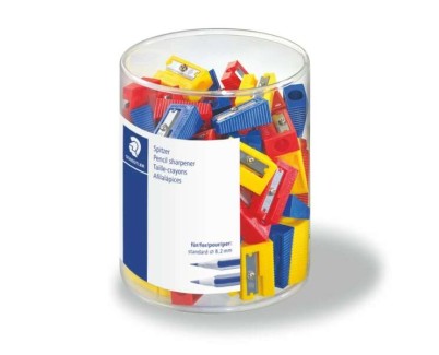 Staedtler Pack de 100 Sacapuntas de Plastico - 1 Agujero - Angulo de Afilado de 23&deg; - Colores Surtidos