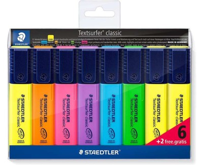 Staedtler Textsurfer Classic 364 Pack de 8 Marcadores Fluorescentes - Punta Biselada 1 - 5mm Aprox - Secado Rapido - Colores Surtidos