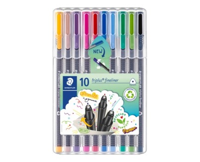 Staedtler Triplus Fineliner 334 Pack de 10 Rotuladores de Punta Fina - Trazo 0.3 mm aprox. - Tinta Base de Agua - 97% de Plastico Reciclado - Colores Surtidos