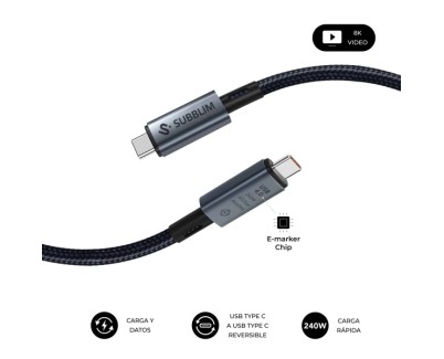 Subblim Cable High USB-C - 240W - Nylon Trenzado - 40Gbps - Chip E-Marker - 1.5 Metros - Color Negro
