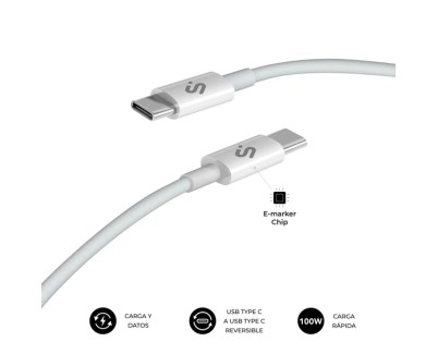 Subblim Cable Plus USB-C - 100W - Nylon Trenzado - 480Mbps - Chip E-Marker - 1 Metro - Color Blanco